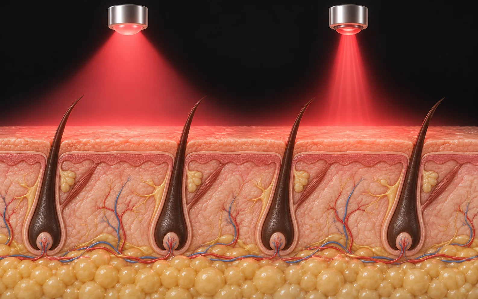 Conceptual illustration of broad LED emission and a narrower optically shaped laser beam above a scalp cross-section.