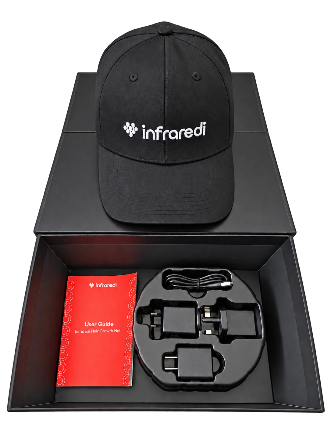 Infraredi Hair Growth Hat box opened, showing the cap, user guide, USB cable and AUS, US and UK adaptors
