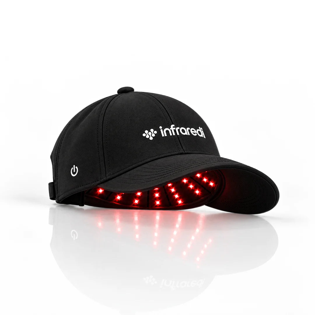Infraredi Hair Growth Hat with red LEDs lit under the brim